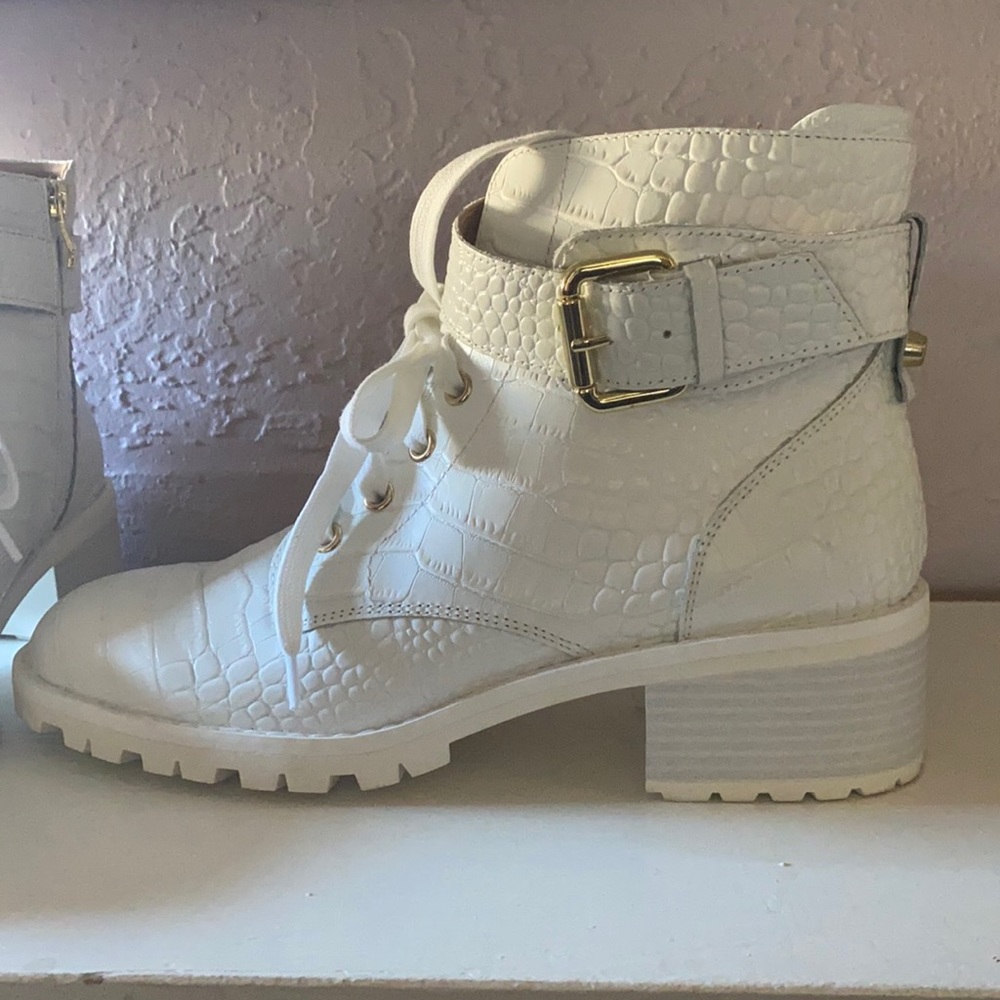 White croc buckle booties